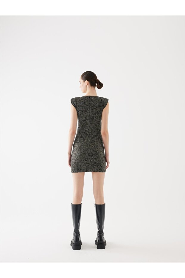 Vatkalı Siyah Triko Mini Elbise - 4