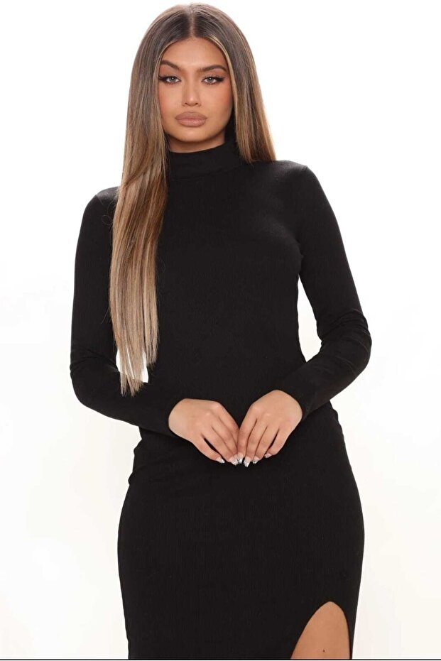 Kadın Yarım Balıkçı Yaka Tek Bacak Yırtmaçlı Uzun Kollu Bodycon Elbise - 3
