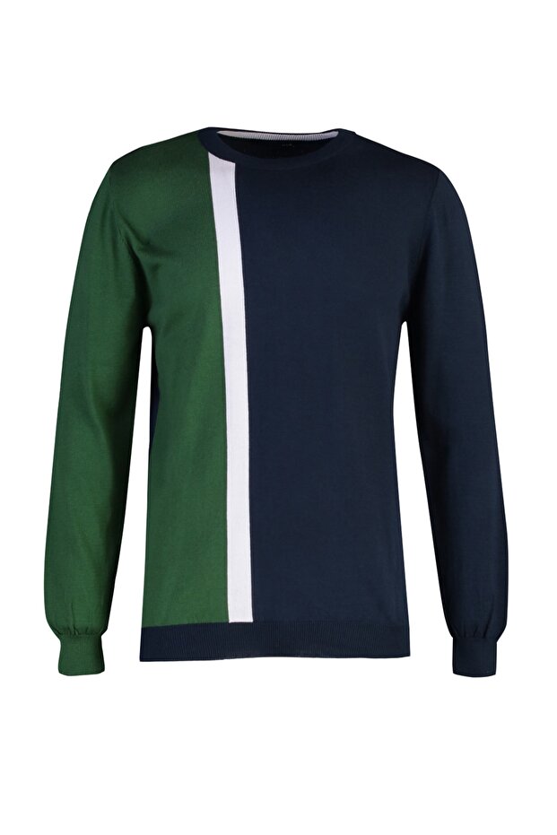 Yeşil Slim Fit Pamuklu Bisiklet Yaka Panelli Triko Kazak TMNAW21KZ0566 - 6