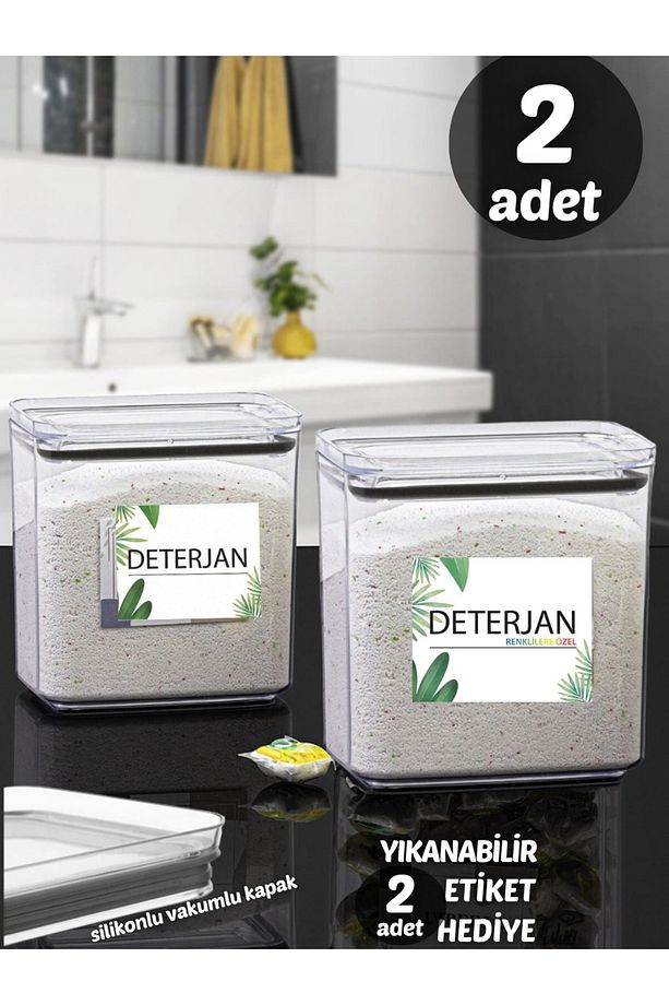 Renkli Deterjan &amp; Deterjan Dikdörtgen 2,2 Lt Vakum Kapaklı 2&#39;li Set Saklama Kutusu - 1