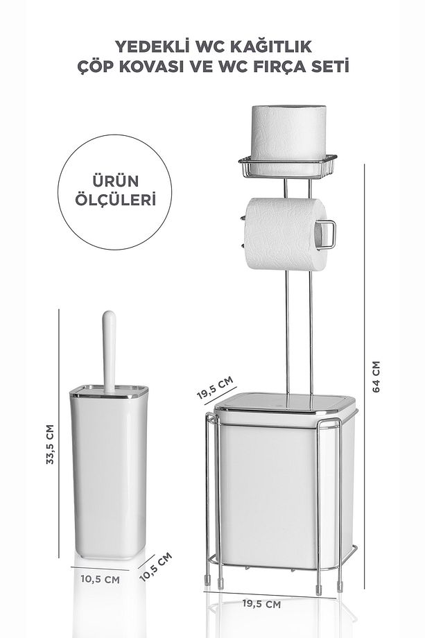 Krom Yedekli Wc Kağıtlık - Beyaz Çöp Kovası Ve Wc Fırça Seti - 4