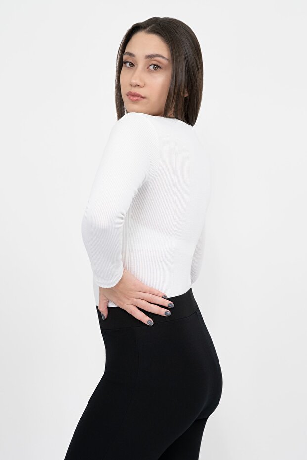 Kadın Beyaz V Yaka Uzun Kollu Fitilli Örme Basic Bluz - 3