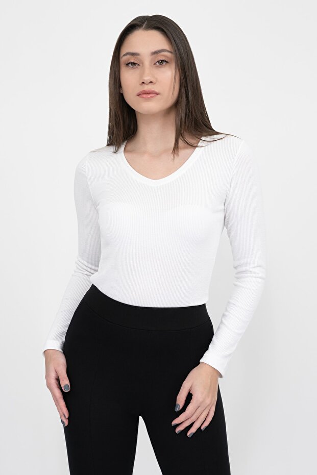 Kadın Beyaz V Yaka Uzun Kollu Fitilli Örme Basic Bluz - 4