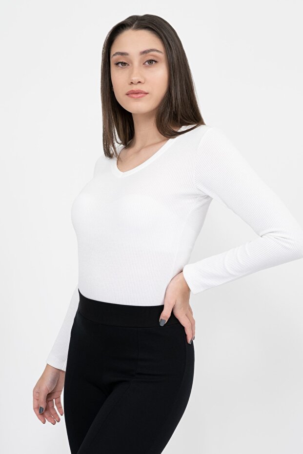 Kadın Beyaz V Yaka Uzun Kollu Fitilli Örme Basic Bluz - 5