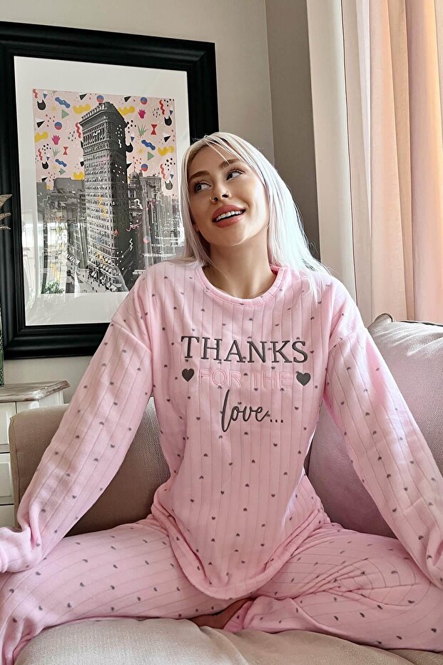 Púderrózsaszín Köszönöm mintás plüss polár pizsama szett - 2