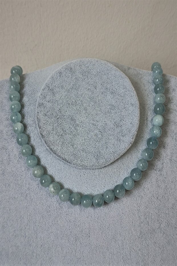 Certified 8 Mm Aquamarine Natural Stone Necklace