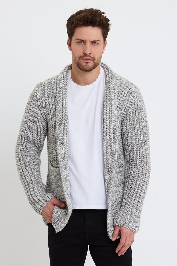 Men's Gray Thick Honeycomb Pocket Detailed Knitwear Cardigan-hrk3451r03l