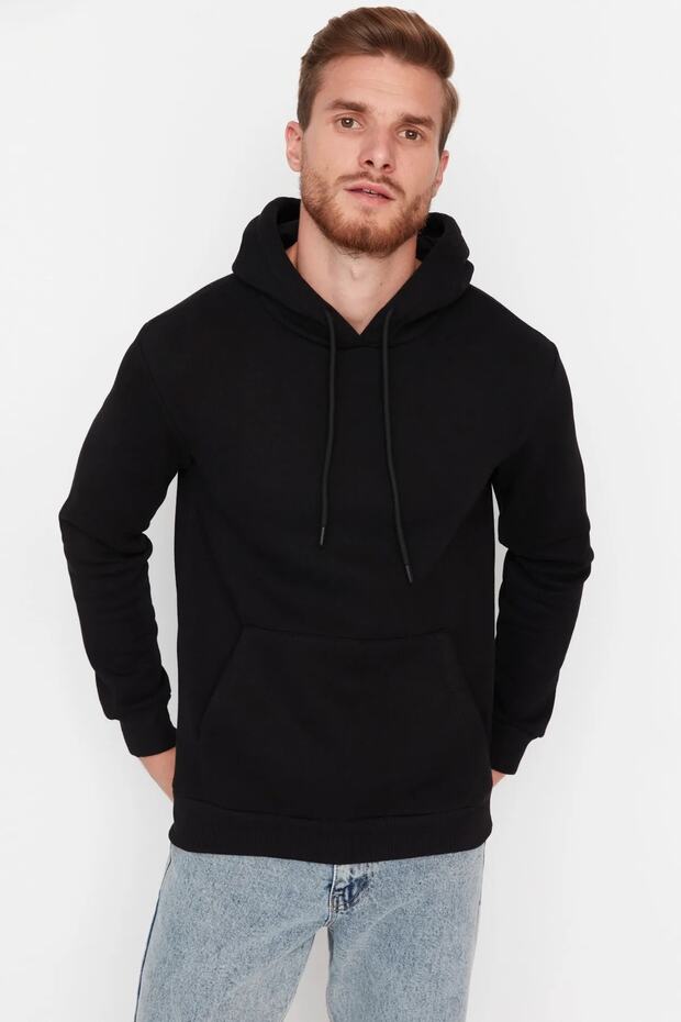 Siyah Regular/Normal Kesim Kapüşonlu İçi Polar/Sıcak Tutan Sweatshirt TMNAW20SW0163 - 1