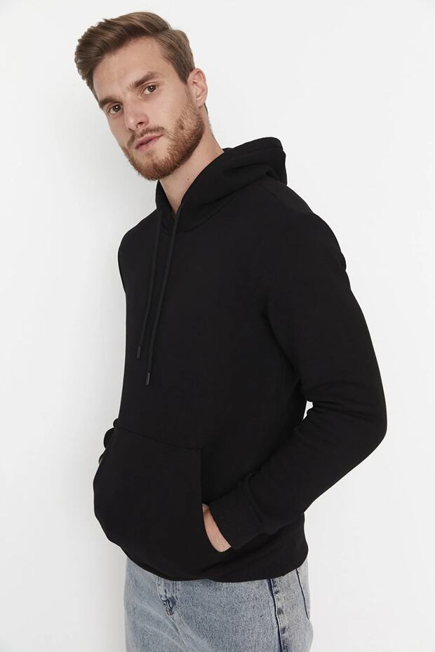 Siyah Regular/Normal Kesim Kapüşonlu İçi Polar/Sıcak Tutan Sweatshirt TMNAW20SW0163 - 3