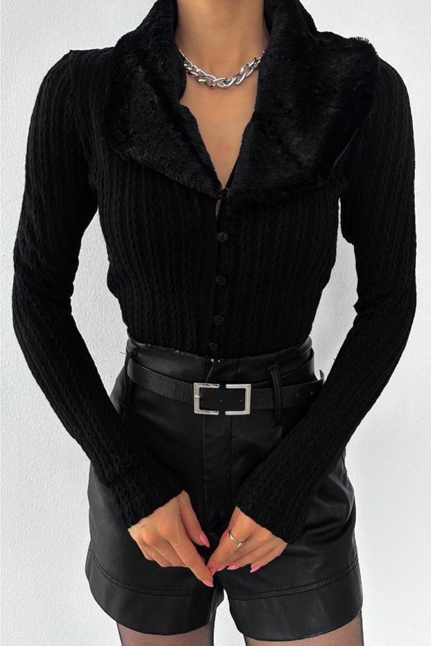 Women's Black Faux Fur Knitted Cardigan with Removable Collar