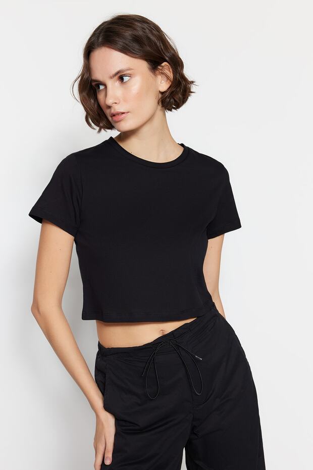 Siyah-Beyaz 2'li Paket %100 Pamuk Crop Bisiklet Yaka Örme T-Shirt TWOSS20TS1480 - 4