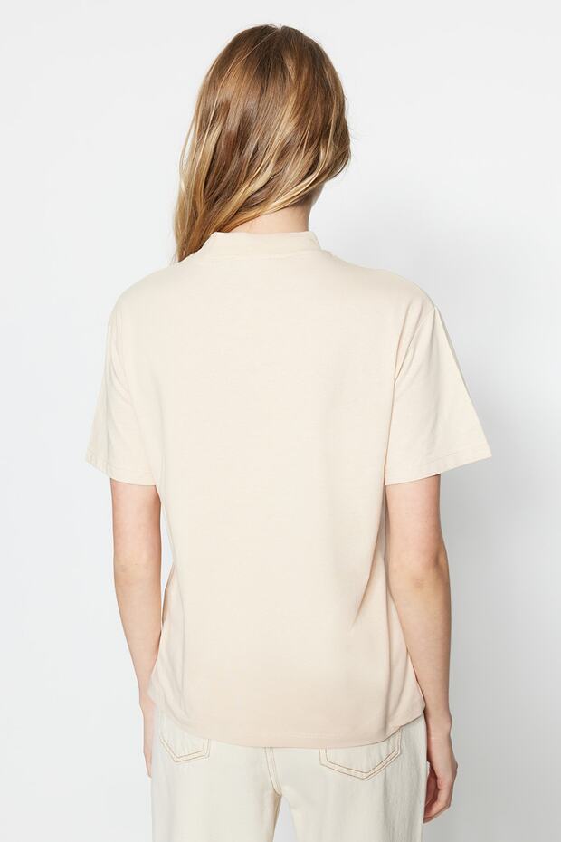 Kahverengi-Bej 2'li Paket %100 Pamuk Basic Dik Yaka Örme T-Shirt TWOSS20TS1500 - 11