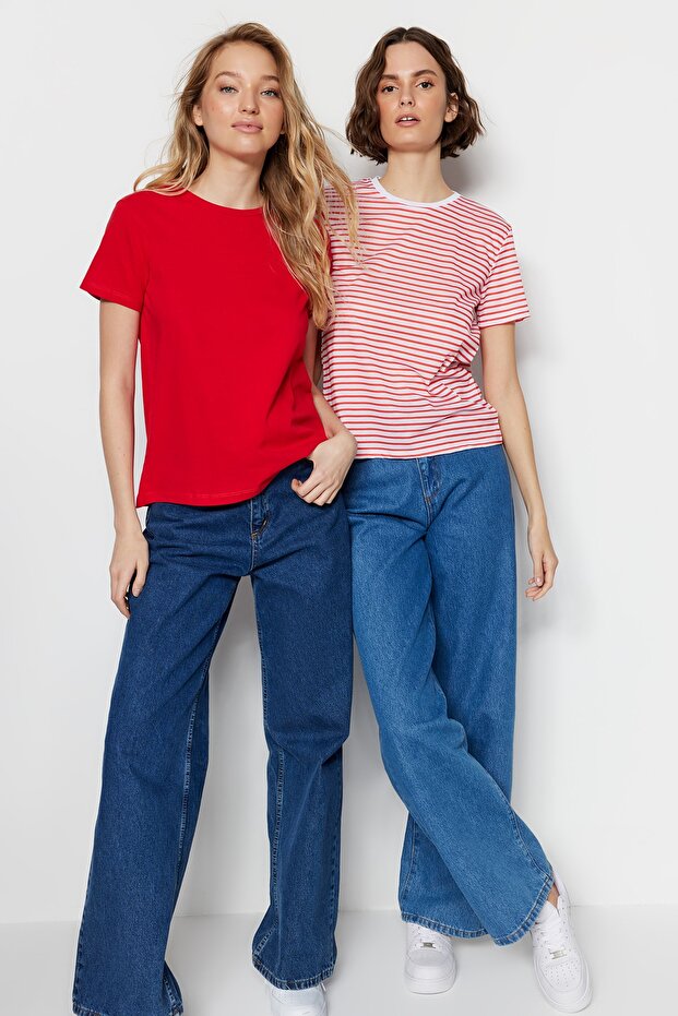 Kırmızı-Kırmızı Çizgili 2'li Paket Basic Bisiklet Yaka Örme T-Shirt TWOSS20TS0141 - 1