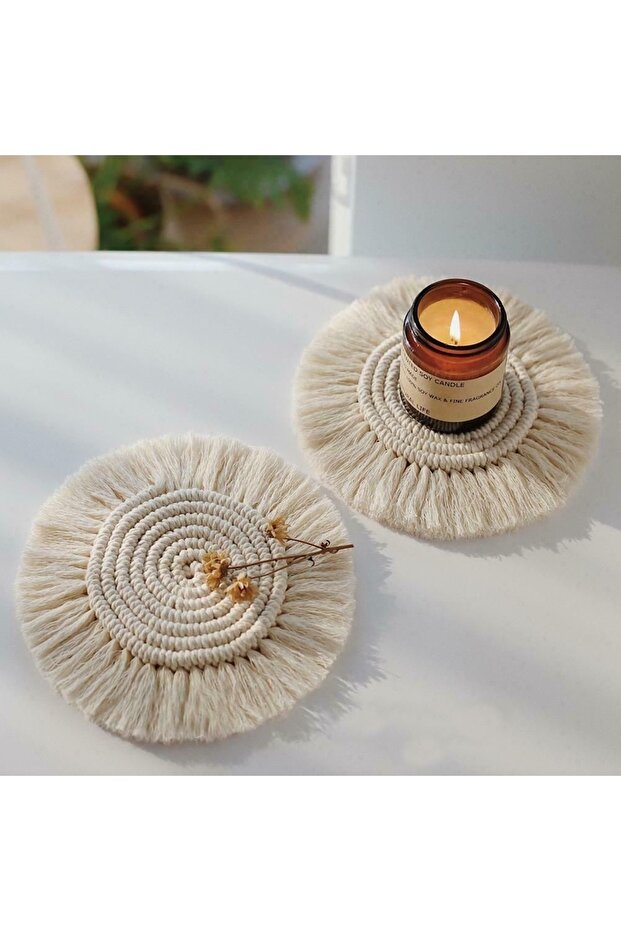 Macrame Cream Round Macrame Coasters (2 Pieces)