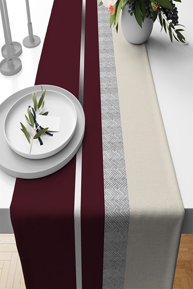 Silver Burgundy Woven Stain Resistant Premium Thai Feather Fabric Tablecloth Runner 40x140cm Rnr571