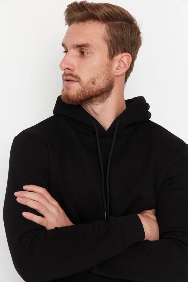 Siyah Regular/Normal Kesim Kapüşonlu İçi Polar/Sıcak Tutan Sweatshirt TMNAW20SW0163 - 2