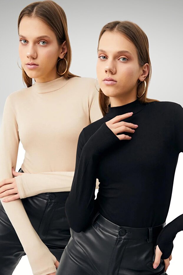 Women's Black Cream Finger Detailed 2-Piece Body