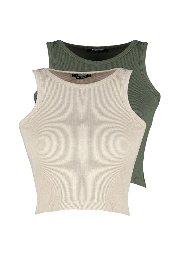 Haki-Bej 2'li Paket Fitted/Vücuda Oturan Crop Halter Yaka Fitilli Esnek Örme Atlet TWOSS21AL0058 - 7