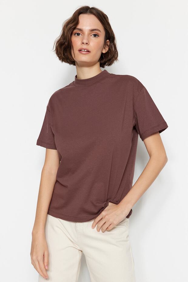 Kahverengi-Bej 2'li Paket %100 Pamuk Basic Dik Yaka Örme T-Shirt TWOSS20TS1500 - 2