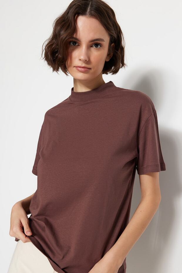 Kahverengi-Bej 2'li Paket %100 Pamuk Basic Dik Yaka Örme T-Shirt TWOSS20TS1500 - 4