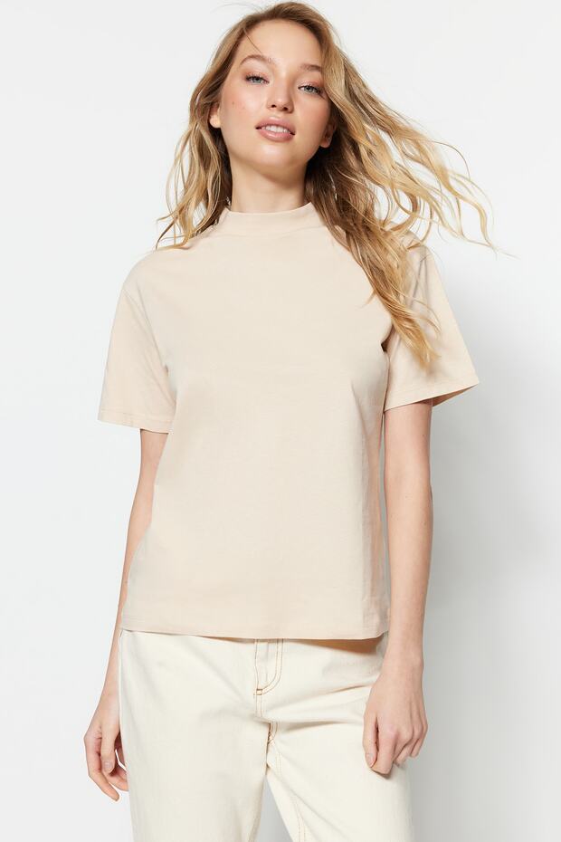 Kahverengi-Bej 2'li Paket %100 Pamuk Basic Dik Yaka Örme T-Shirt TWOSS20TS1500 - 7