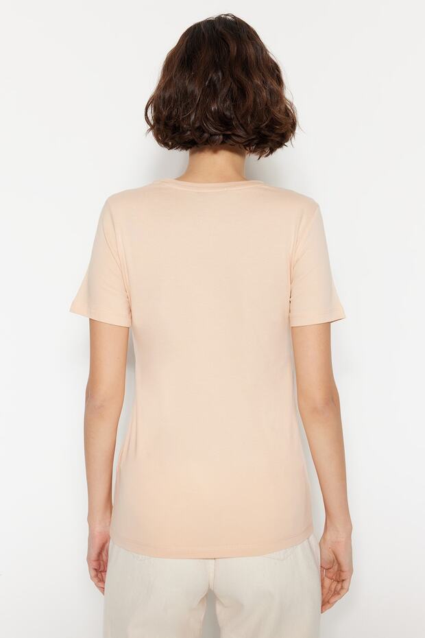 Kahverengi-Bej %100 Pamuk 2'li Paket Basic Bisiklet Yaka Örme T-Shirt TWOSS20TS0141 - 5