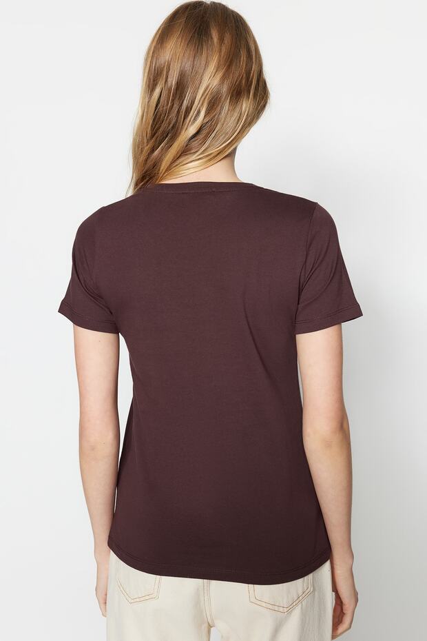 Kahverengi-Bej %100 Pamuk 2'li Paket Basic Bisiklet Yaka Örme T-Shirt TWOSS20TS0141 - 6
