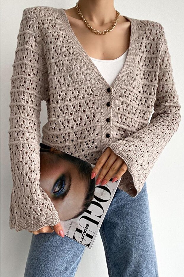 Women's Standard Size Buttoned Openwork Detailed Knitwear Cardigan