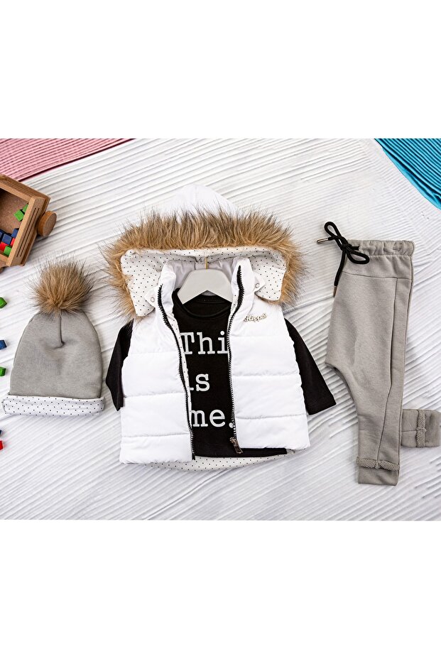 Baby White Inflatable Vest and Fur 3-Piece Bottom and Top Set My-0357hp
