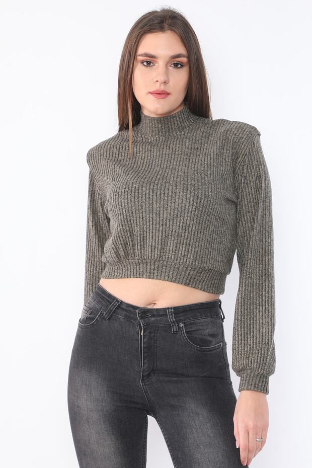 Women's Padded Thick Corduroy Knitted Fabric Half Turtleneck Wide Cut Long Sleeve Crop Sweatshirt
