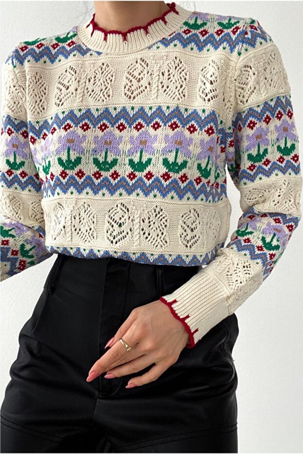 Women's Standard Size Openwork Detailed Knitwear Sweater (S/M Compatible)