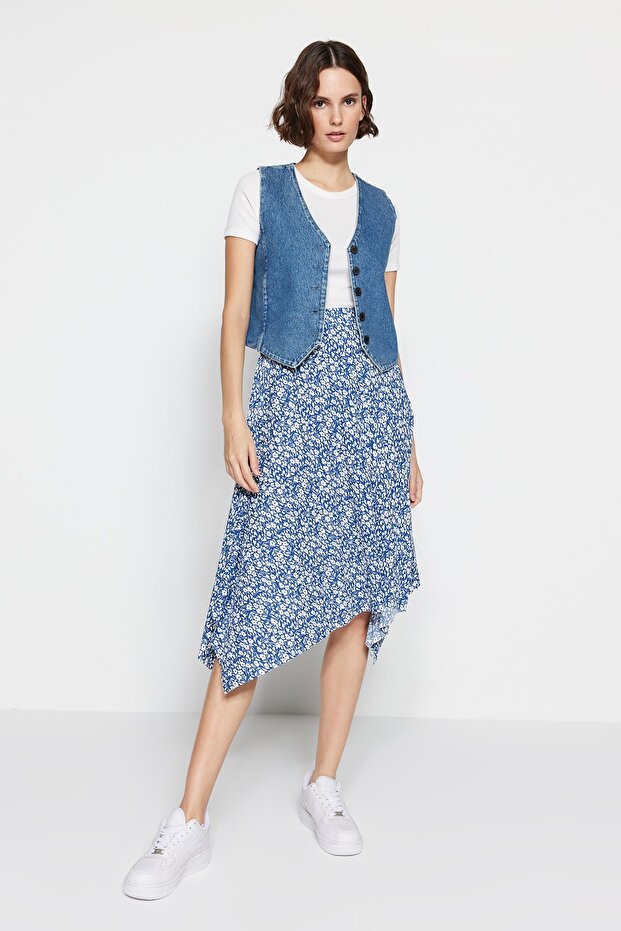 Indigo Patterned Flounced Asymmetrical High Waist Midi Stretchy Knitted Skirt TWOAW20ET0440