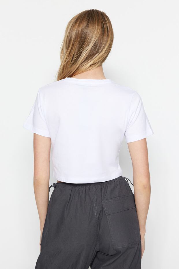 Siyah-Beyaz 2'li Paket %100 Pamuk Crop Bisiklet Yaka Örme T-Shirt TWOSS20TS1480 - 7