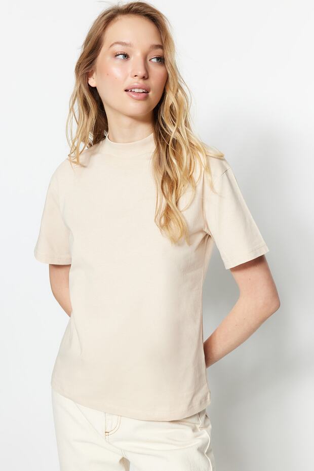 Kahverengi-Bej 2'li Paket %100 Pamuk Basic Dik Yaka Örme T-Shirt TWOSS20TS1500 - 8