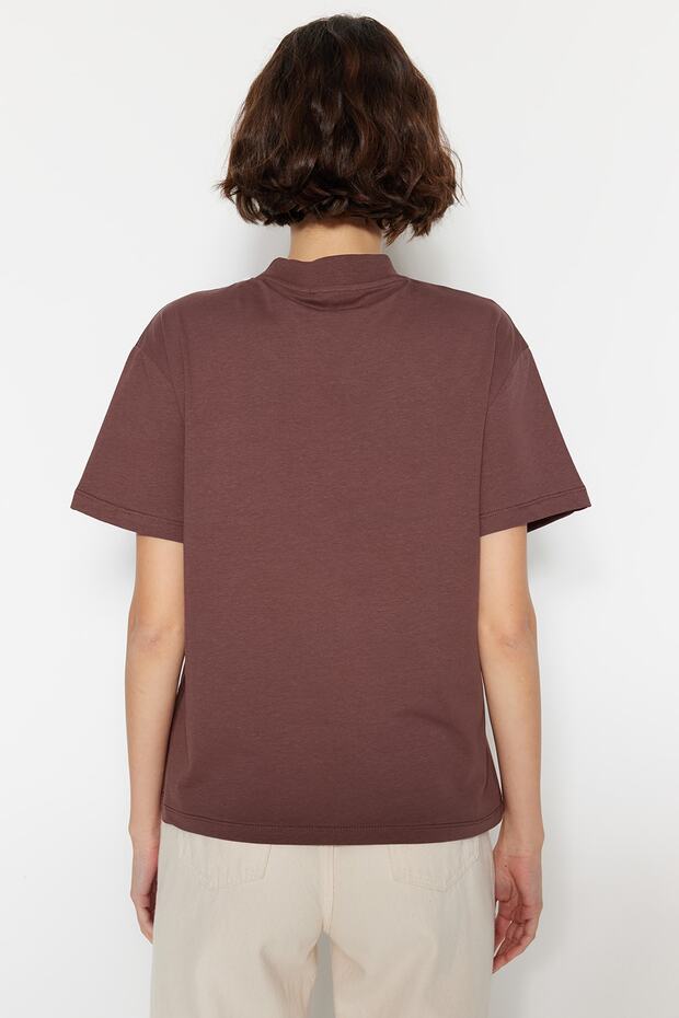 Kahverengi-Bej 2'li Paket %100 Pamuk Basic Dik Yaka Örme T-Shirt TWOSS20TS1500 - 12