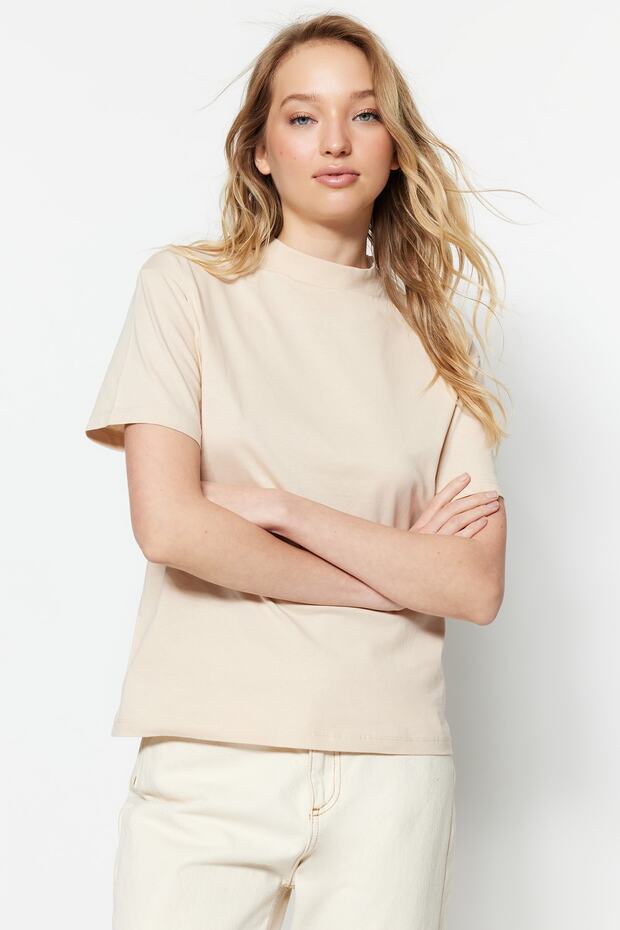 Kahverengi-Bej 2'li Paket %100 Pamuk Basic Dik Yaka Örme T-Shirt TWOSS20TS1500 - 6