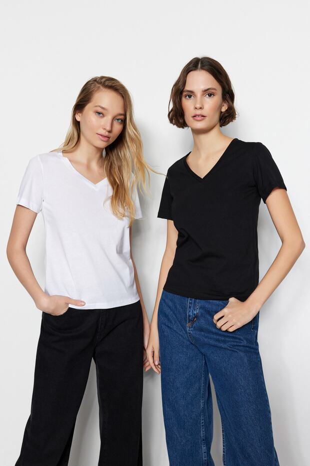 Siyah-Beyaz %100 Pamuk 2'li Paket Basic V Yaka Örme T-Shirt TWOSS23TS00002 - 1