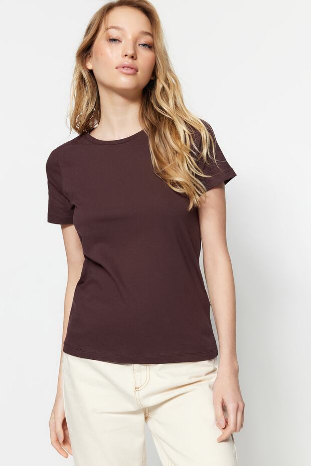 Kahverengi-Bej %100 Pamuk 2'li Paket Basic Bisiklet Yaka Örme T-Shirt TWOSS20TS0141 - 2