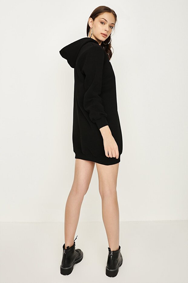 Kadın Siyah Kapüşonlu Basic Sweat Elbise - 4