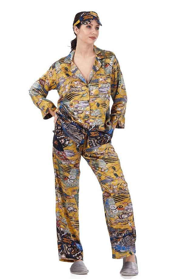 İpek Gömlek Pantolon-Pijama Takımı | Lady with Fan | Nomads Felt - 4