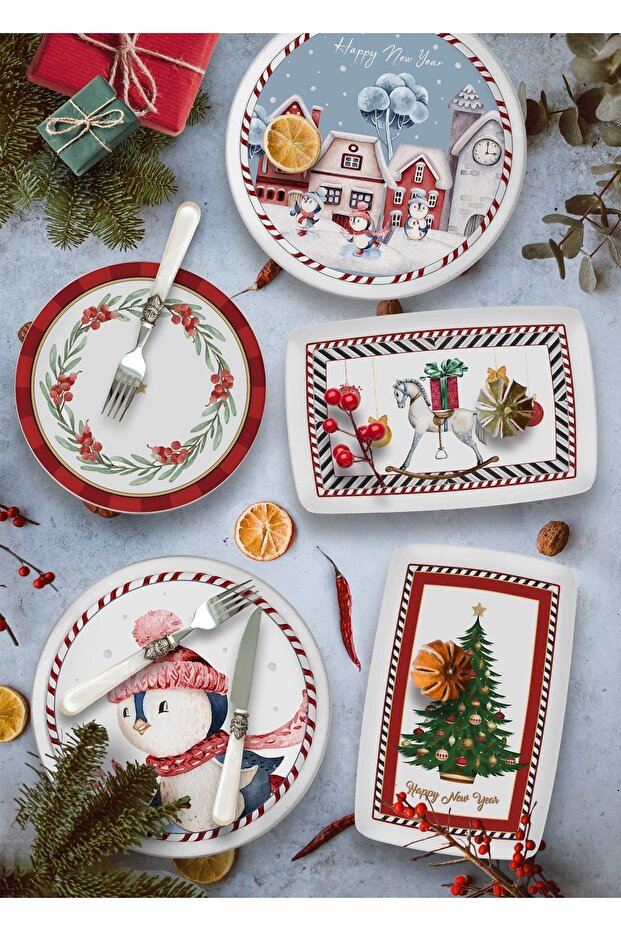 Yılbaşı Penguen Stoneware Yuvarlak Servis Tabağı 30cm New014 - 4