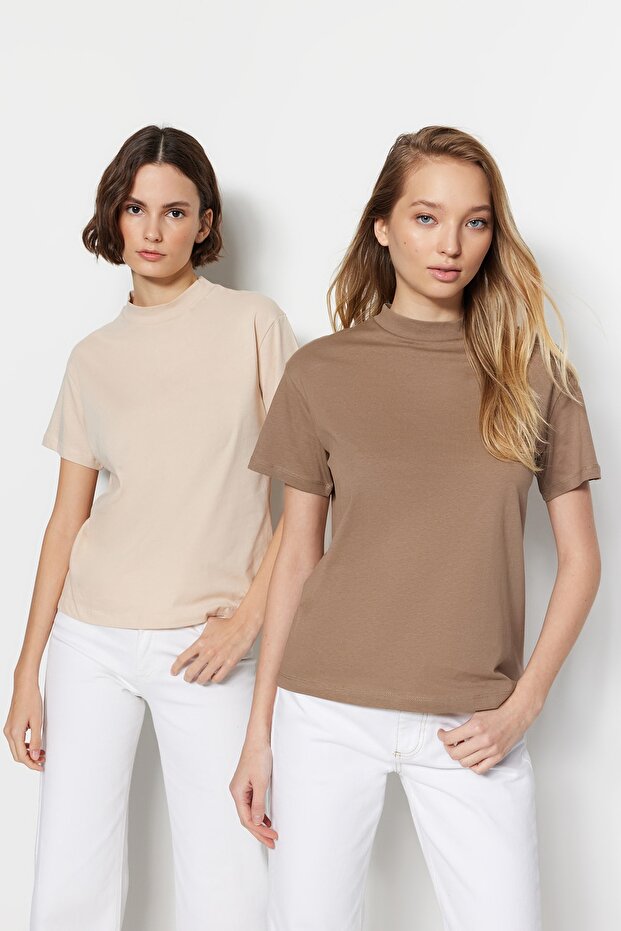 Bej-Vizon 2'li Paket %100 Pamuk Basic Dik Yaka Örme T-Shirt TWOSS20TS1500 - 1