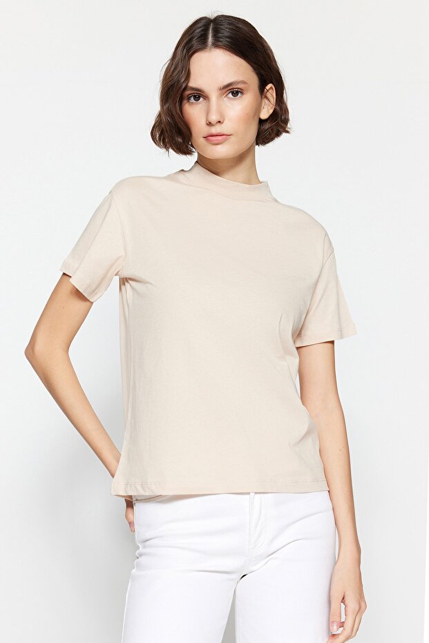 Bej-Vizon 2'li Paket %100 Pamuk Basic Dik Yaka Örme T-Shirt TWOSS20TS1500 - 4