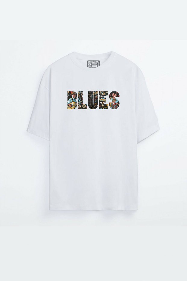Harmandar - Unisex Blues Printed White Oversize T-shirt