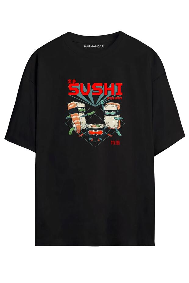 Anime Sushi Ninja Squad Printed Unisex Black - White Oversize T-shirt