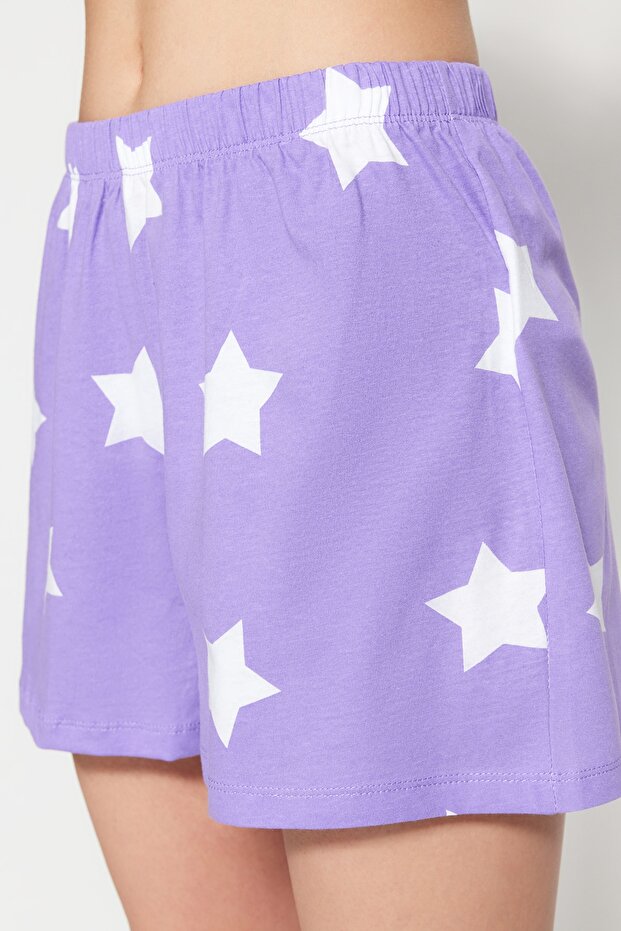 Lila %100 Pamuklu Yıldız Desenli Şortlu Örme Pijama Takımı THMSS22PT0501 - 3