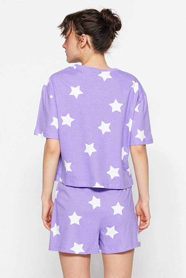 Lila %100 Pamuklu Yıldız Desenli Şortlu Örme Pijama Takımı THMSS22PT0501 - 6
