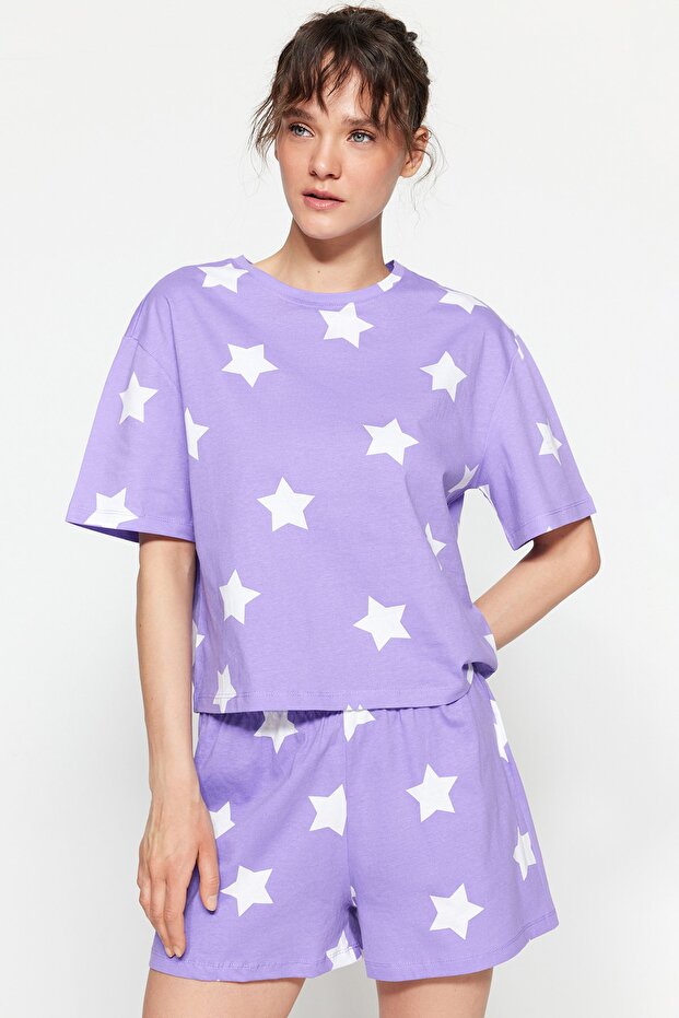 Lila %100 Pamuklu Yıldız Desenli Şortlu Örme Pijama Takımı THMSS22PT0501 - 2