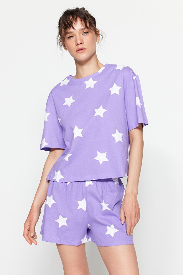 Lila %100 Pamuklu Yıldız Desenli Şortlu Örme Pijama Takımı THMSS22PT0501 - 1