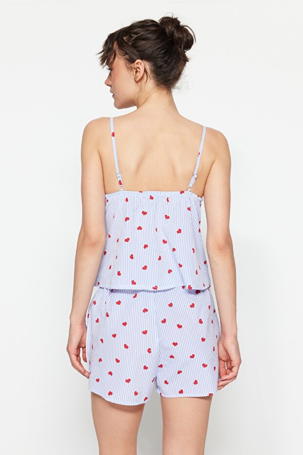Mavi Çizgili Kalpli İp Askılı Viskon Şortlu Dokuma Pijama Takımı THMSS23PT00133 - 6